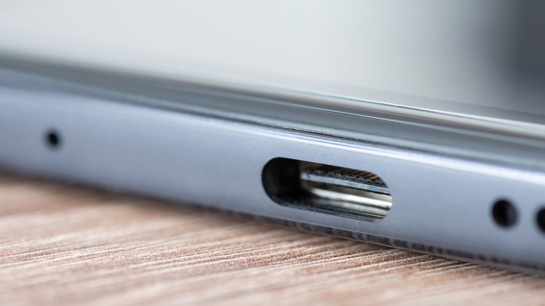 Closeup of a phone's USB-C port.