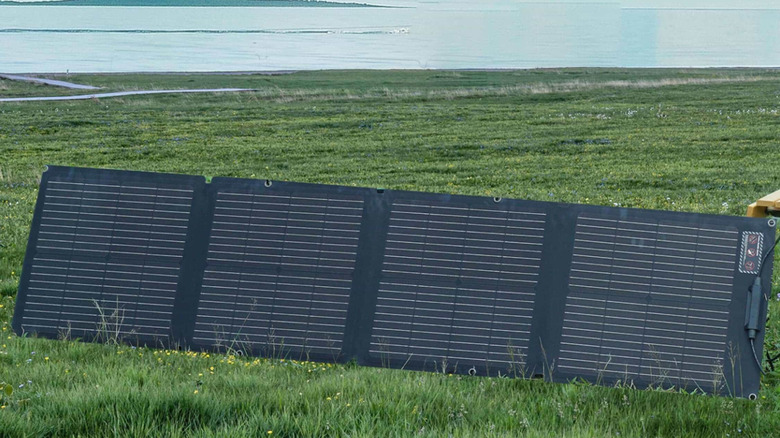 An EcoFlow Solar Panel placed on a grassy field, with a body of water in the background