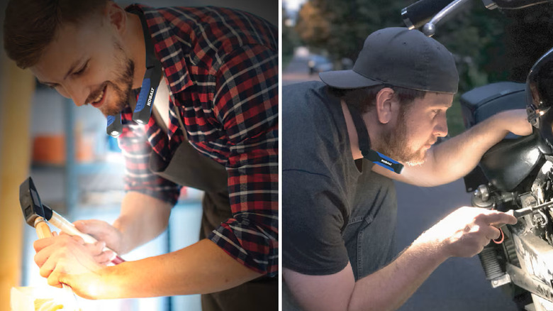 Two people using the Kobalt 2-Mode LED Headlamp, one of them using a hammer and the other using a screwdriver on a motorbike