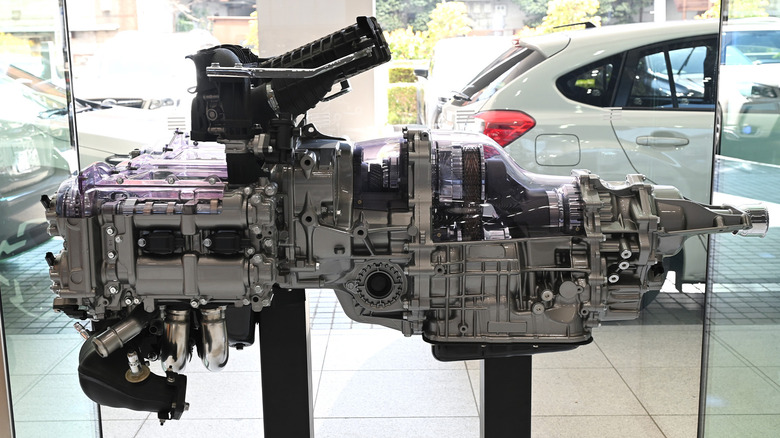 A side view of a Subaru FA20F engine and CVT