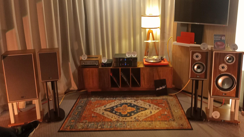 A selection of speakers, spread across a room.