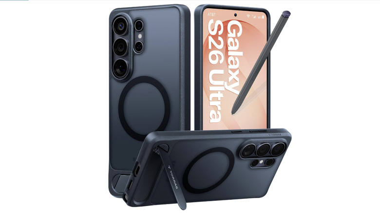 A Samsung Galaxy phone in a Torras case with a kickstand.