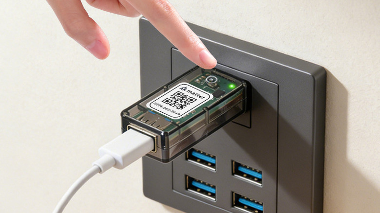 Smart USB plug plugged into wall outlet.