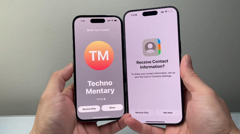 Two phones using NameDrop to share contacts