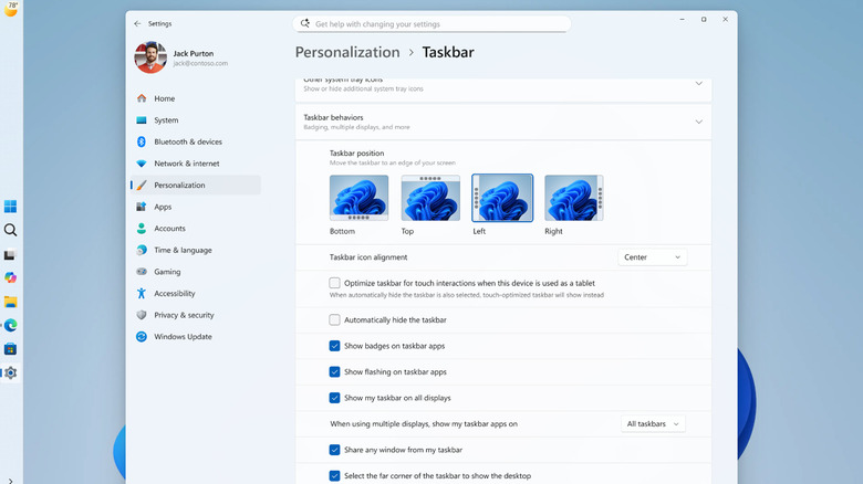 Taskbar settings and left aligned taskbar in view.