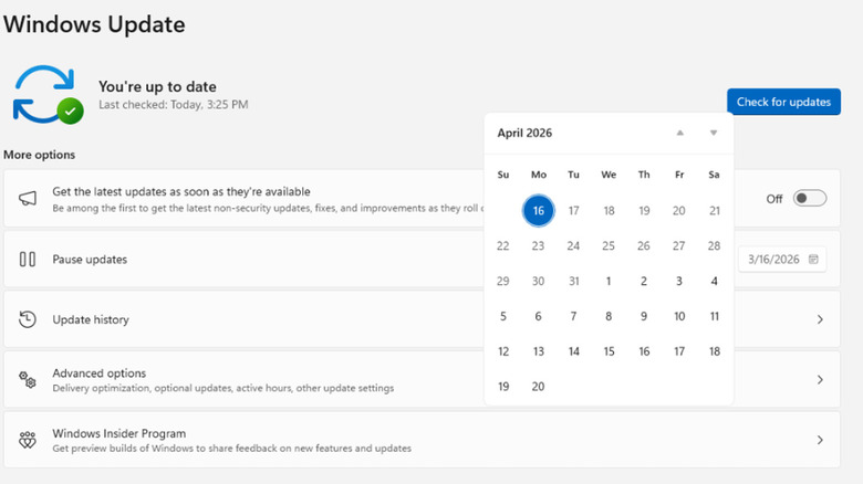 Pause updates calendar picker for Windows 11.