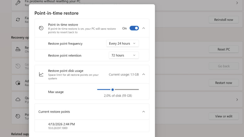 Point-in-time restore settings in Windows.