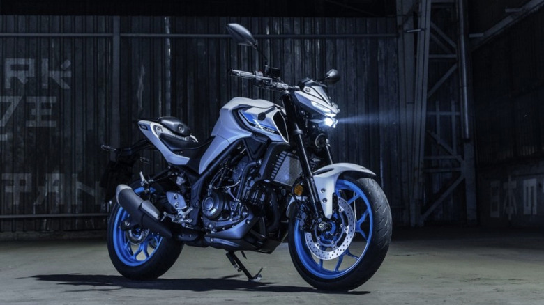 Yamaha MT-03 parked at night
