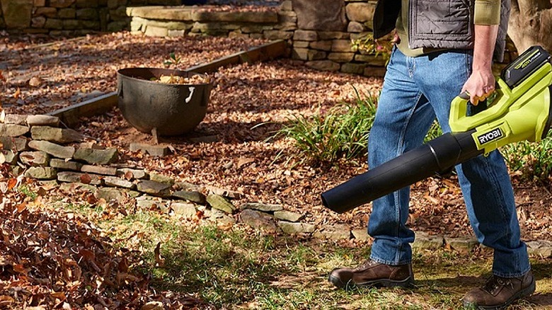 Man carrying a leaf blower toward a pile of leaves.