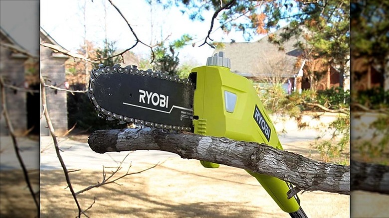 Using a pole saw to cut tree branches at height.
