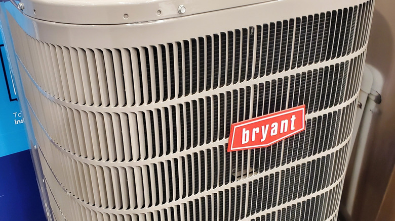 Close-up of Bryant logo on a Bryant air conditioner