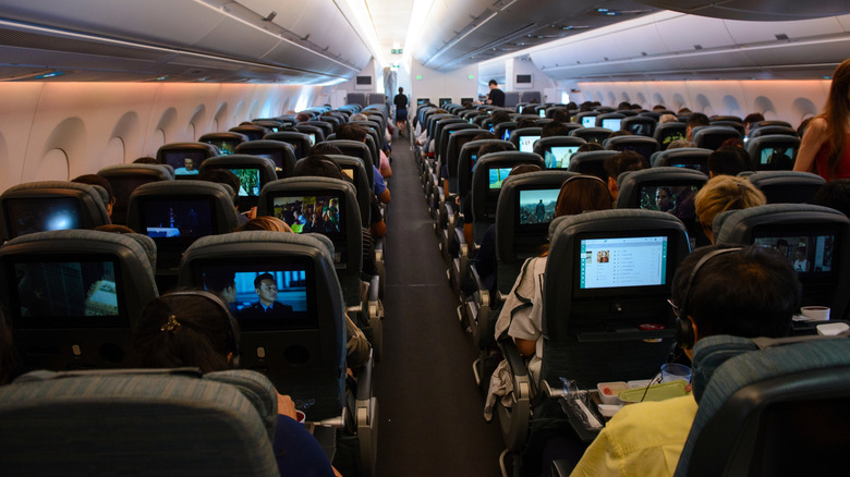 Economy class IFE screens on a Cathay Pacific flight.