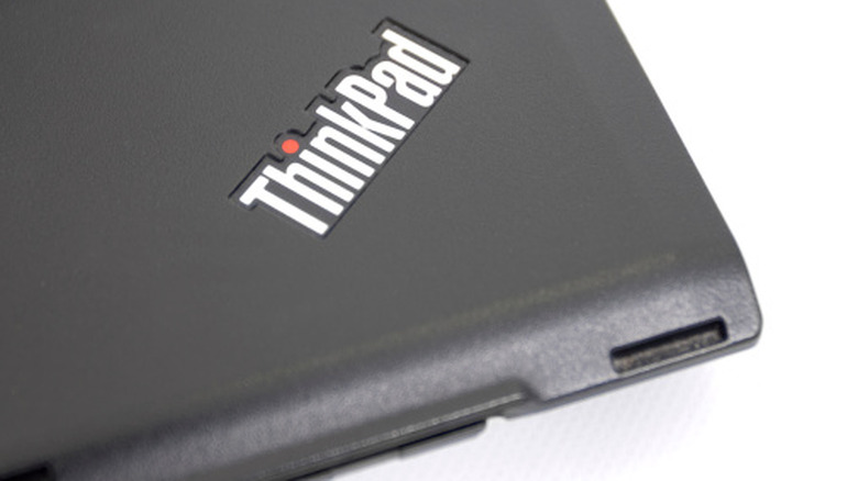 A Lenovo laptop with the ThinkPad logo embedded into its frame.