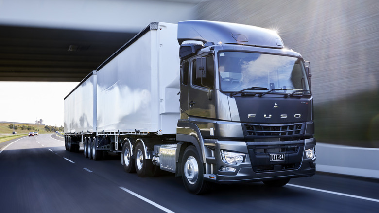 Mitsubishi Fuso semi-truck pulling tandem trailers seen from right front going under an overpass