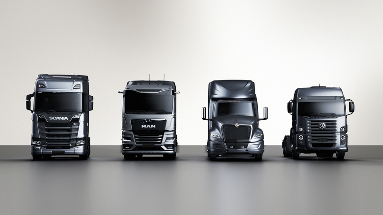 Trucks from all four of VW's Traton Group - Scania, MAN, International, and Volkswagen
