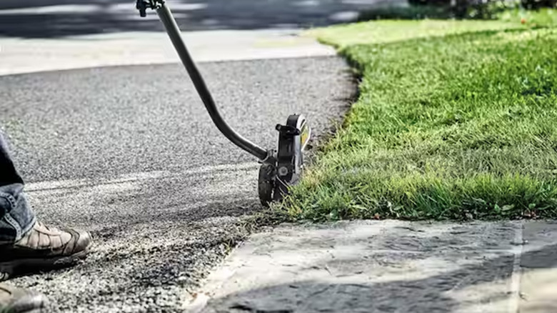 A person cleaning up their grass along a road