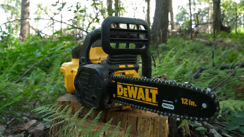 DeWalt chainsaw on a log in a forest