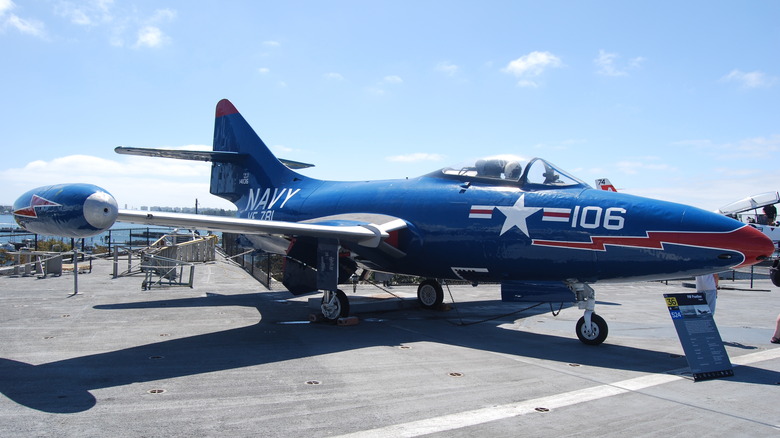 Grumman F9F Panther jet on display outdoors
