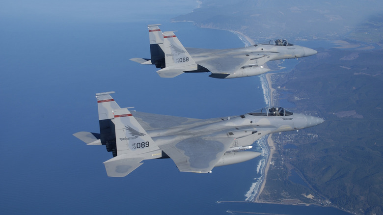 A pair of F-15 Eagle jets seen from above right flying over the coast of Oregon