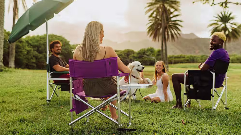 People sitting on Picnic Time camping chairs in garden.