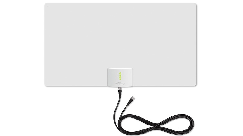 A flat indoor TV antenna with an LED indicator at the base on a white background