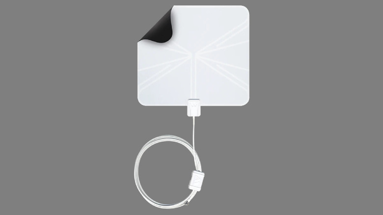 A white TV antenna on a gray background