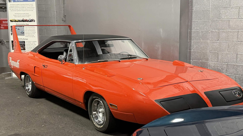 1970 Plymouth Superbird on museum floor, front-right 3/4 view