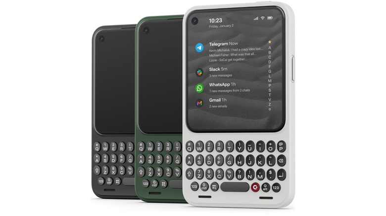 three different colored click communicator phones