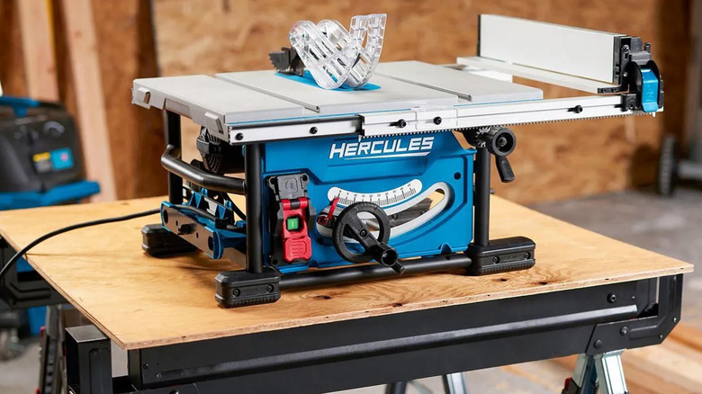 A Hercules table saw on a work bench.