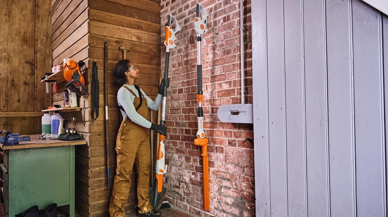 Homeowner taking a Stihl HTA 30 pole pruner out of storage