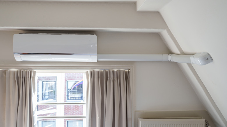 Wall mounted air conditioner above a window