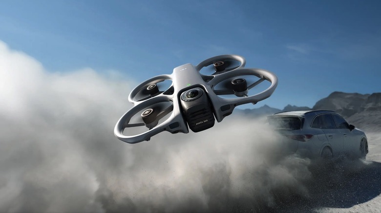 DJI Avata 360 following a car on a dirt road