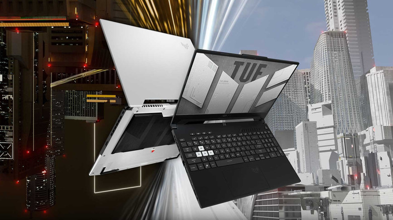 A white and black Asus TUF Dash 15 laptop