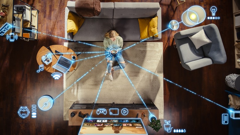 Illustration of smart home with connected devices.