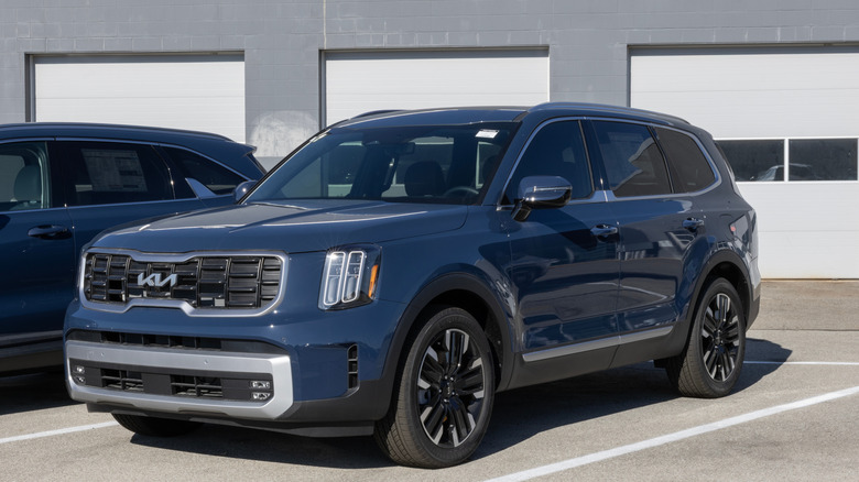 A new 2025 Kia Telluride finished in a dull matte blue parked in a lot amongst other cars.