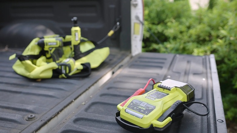 Ryobi jump starter in bed of truck