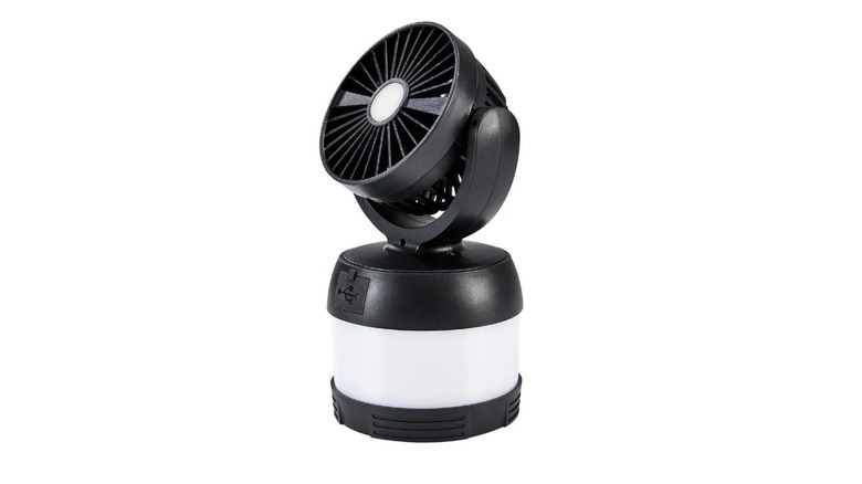Stock photo of a black fan with a swivel head affixed to an LED lantern