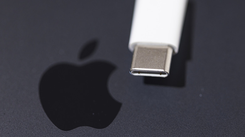 Picture of a USB-C cable next to an Apple logo.