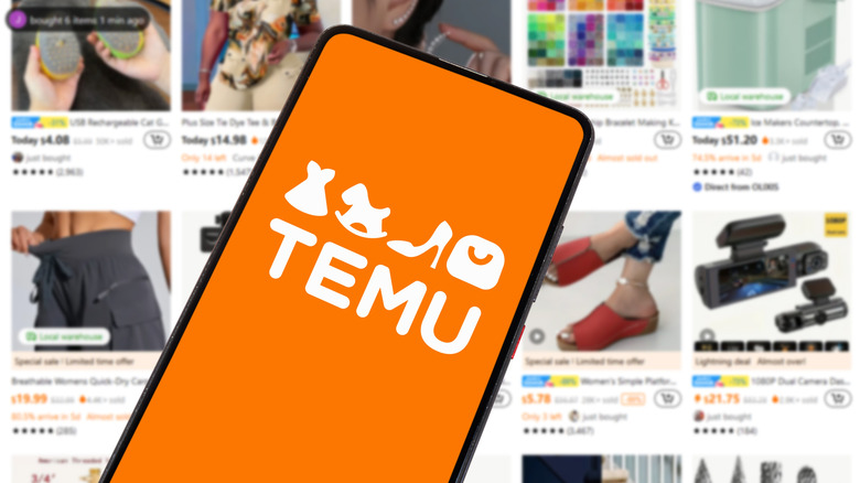Picture of Temu app on a phone with a screenshot of the Temu site behind it.