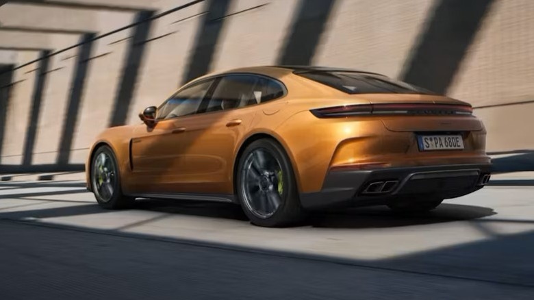 Rear 3/4 action shot of a Porsche Panamera Turbo S E-Hybrid