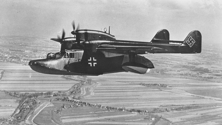 A black and white picture of a Blohm and Voss BV 138B in flight during World War II.