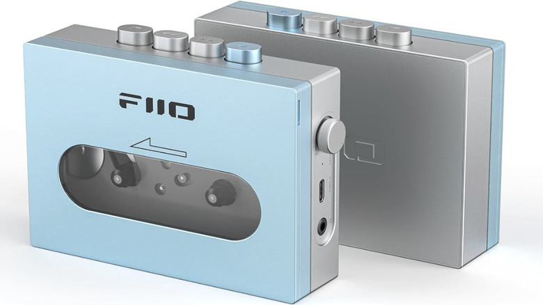 Two sky blue FiiO CP13 portable cassette players standing back to back.