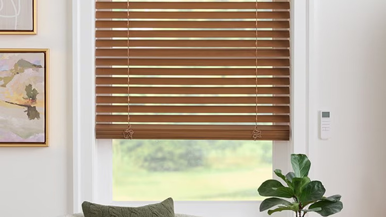 A room with wooden blinds