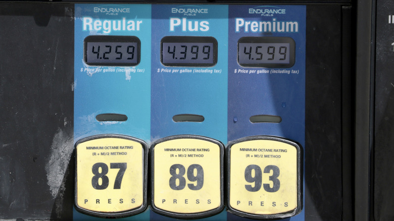 Close shot of gas pump showing various grades of gas available