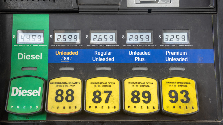 A fuel pump showing diesel, 88, 87, 89, and 93 octane grades of gas