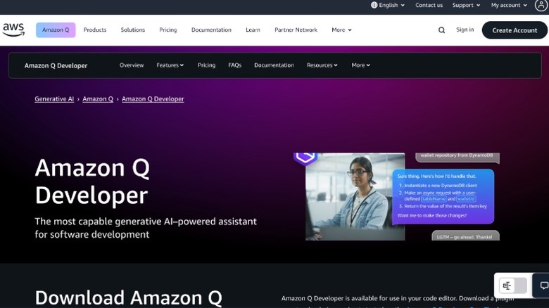 Screenshot of Amazon Q Developer homepage