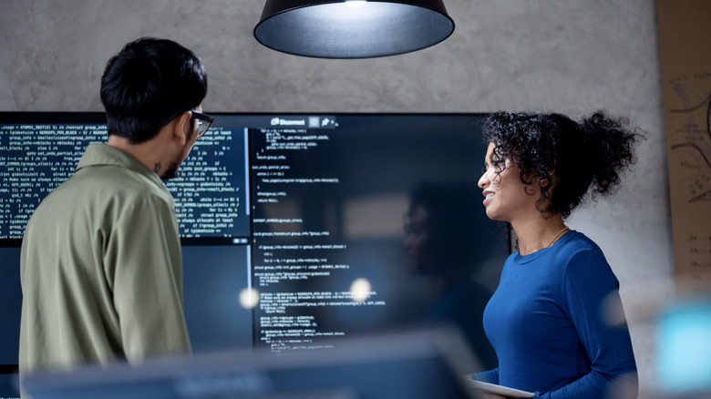 A man and a woman examining code