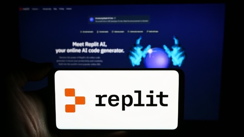 Replit logo with the hompage as a background