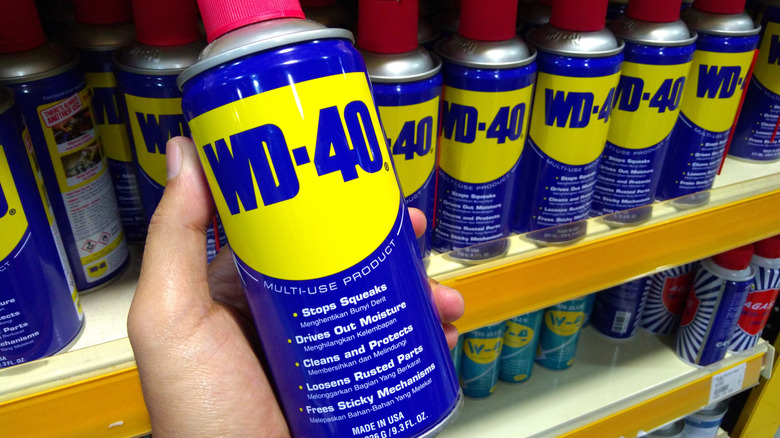 A person holding a can of WD-40 in a store in Malaysia