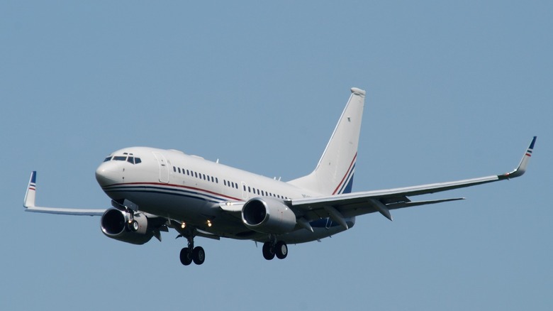 A Boeing business jet in flight